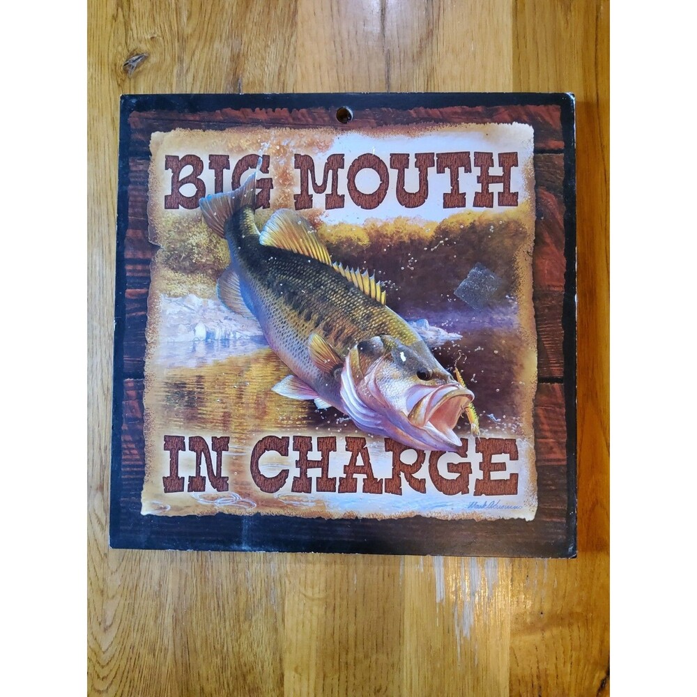 Big Mouth in Charge Wall hanging Bass Fish 10" x 10" Wood Sign By Wild Wings